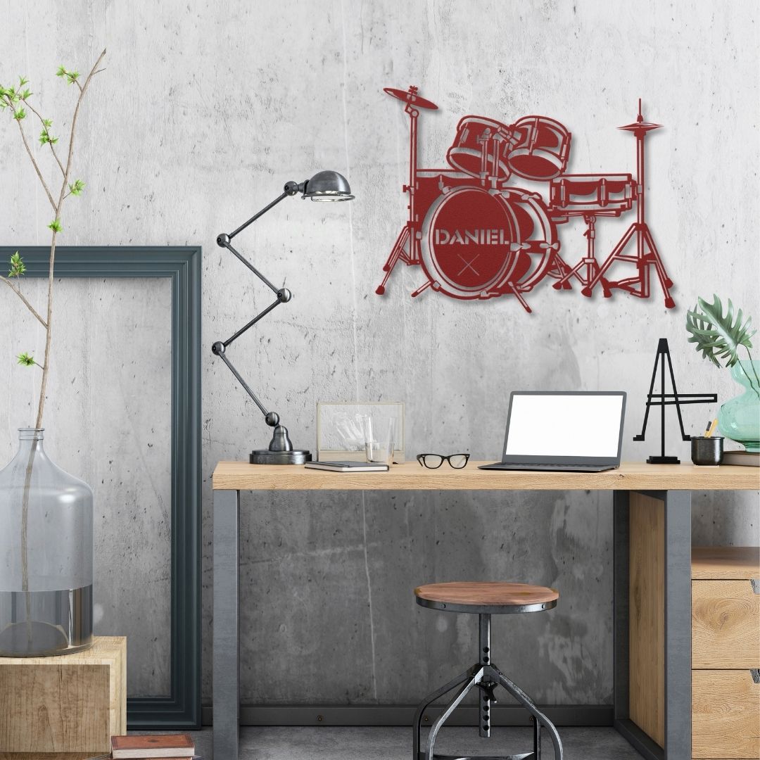custom metal wall sign drumkit with name for drummer - personalized drummer sign