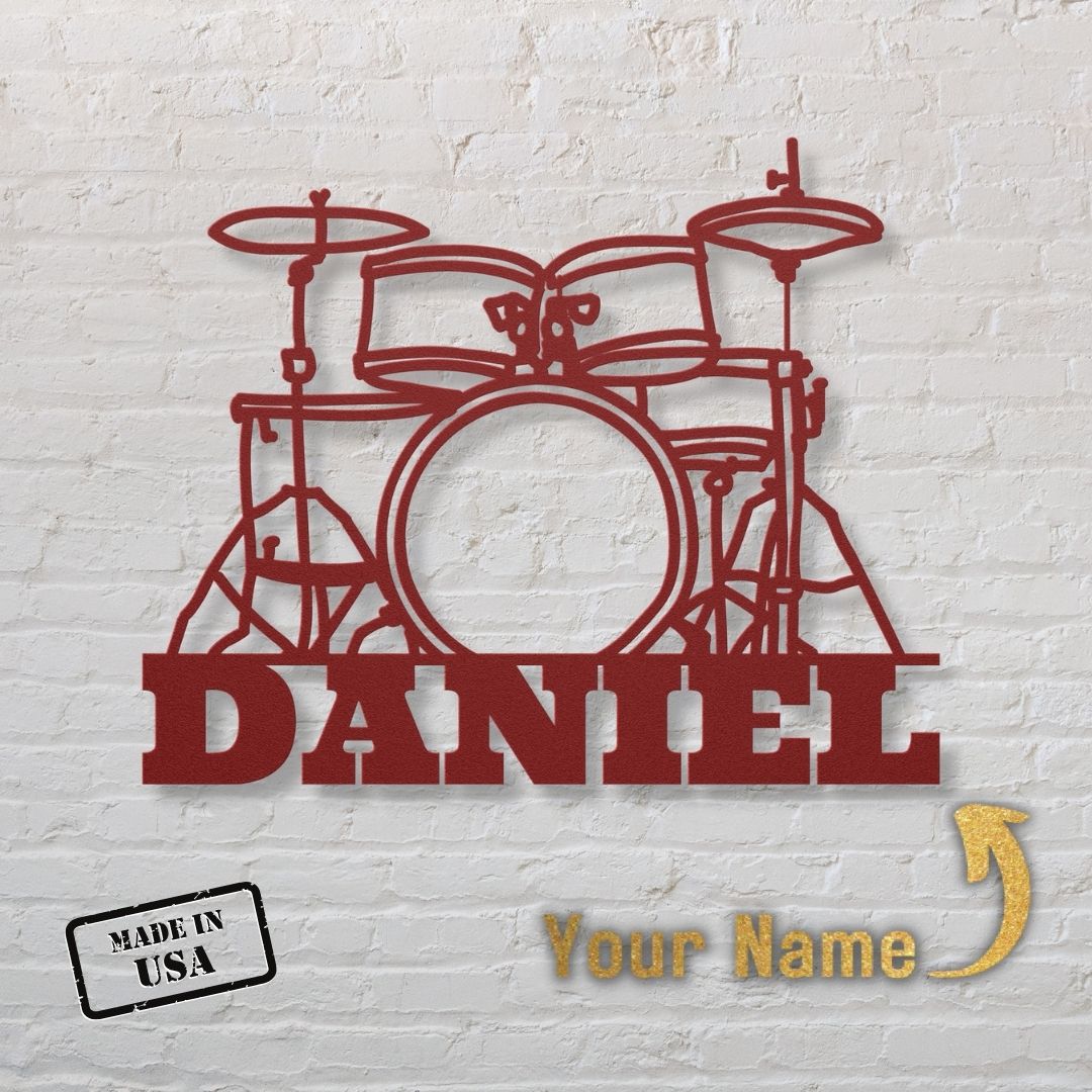 custom metal wall sign drumkit with name for drummer - personalized red drummer sign
