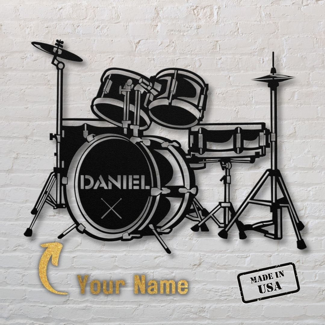 "custom metal wall sign drumkit with name for drummer - personalized drummer sign "