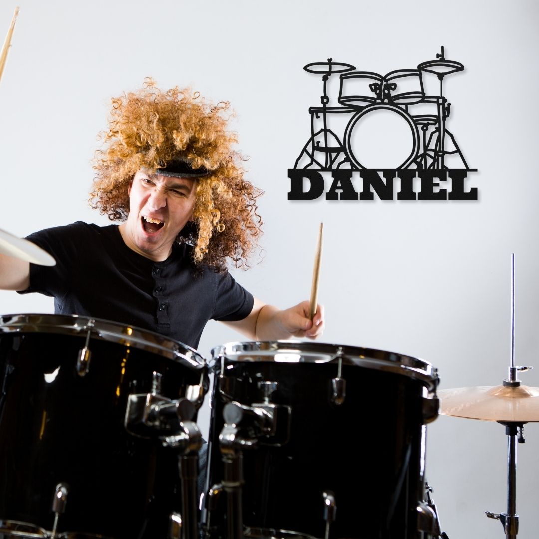 custom metal wall sign drumkit with name for drummer - personalized black drummer sign