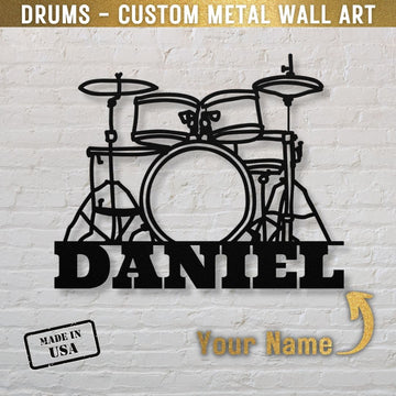 custom metal wall sign drumkit with name for drummer - personalized black drummer sign