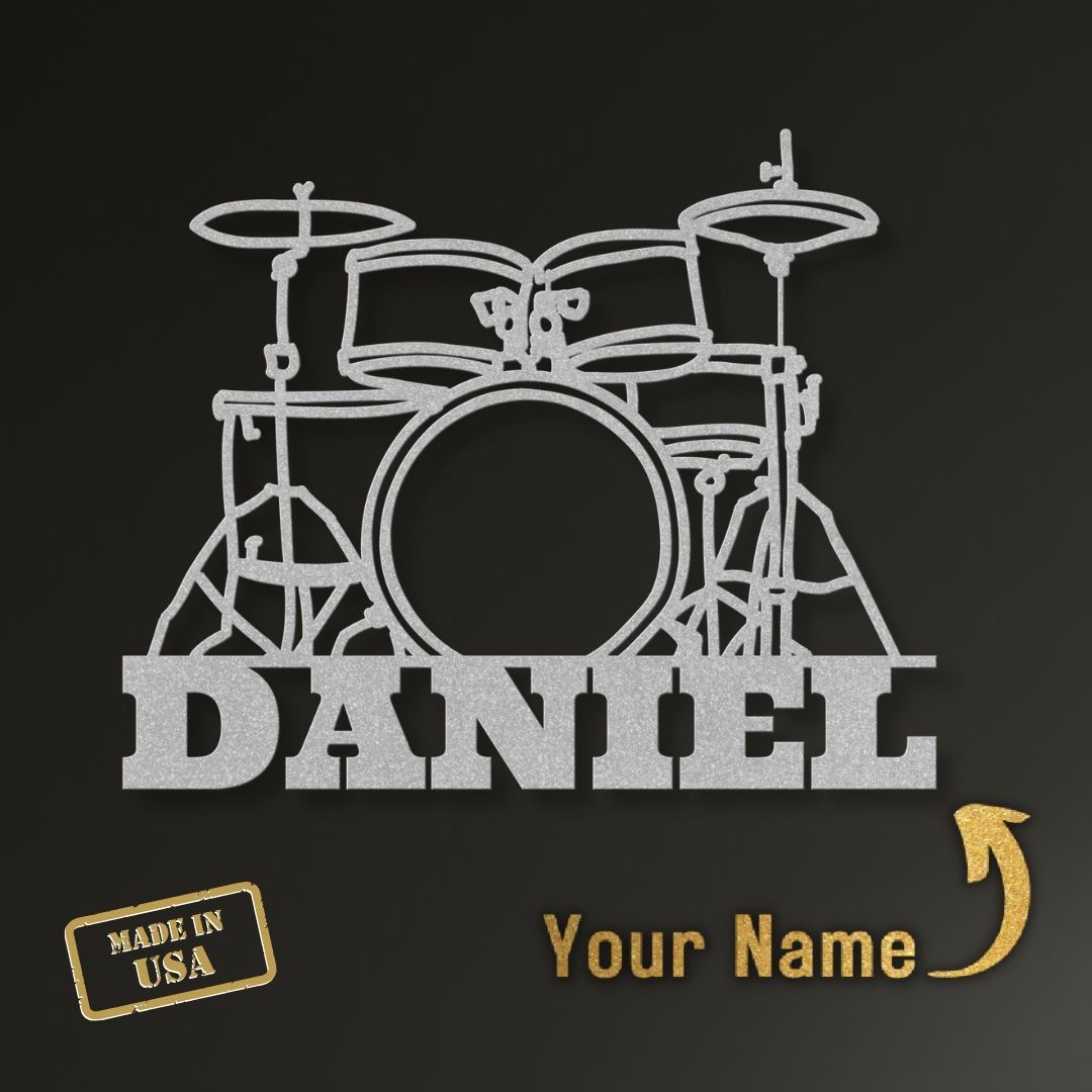 custom metal wall sign drumkit with name for drummer - personalized silver drummer sign