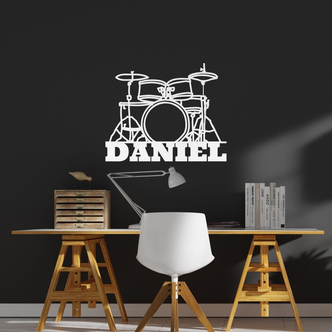 custom metal wall sign drumkit with name for drummer - personalized white drummer sign