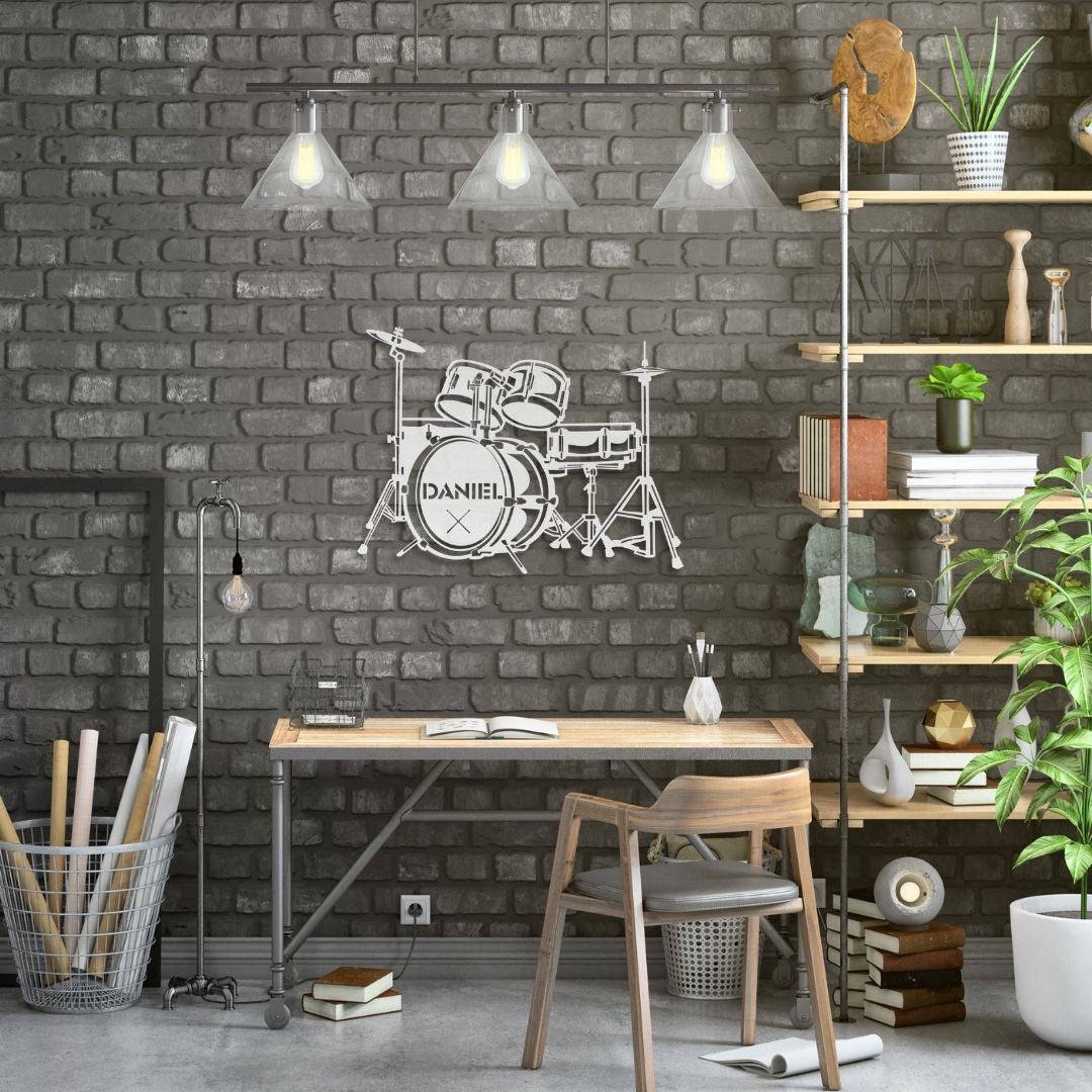 custom metal wall sign drumkit with name for drummer - personalized drummer sign
