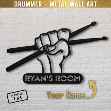 custom metal wall sign drumsticks with name for drummer - personalized drummer sign