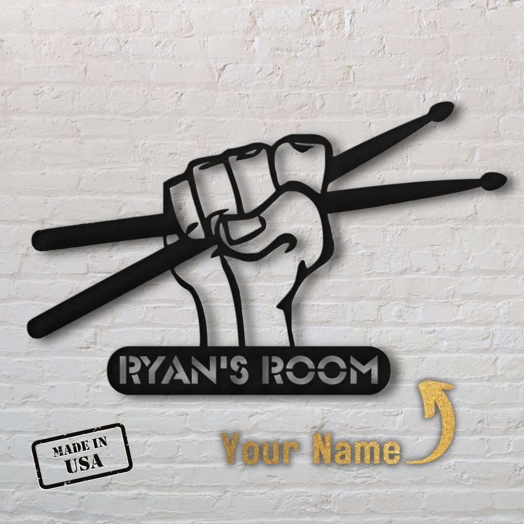 custom metal wall sign drumsticks with name for drummer - personalized drummer sign