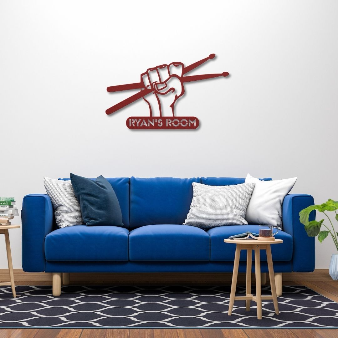 custom metal wall sign drumsticks with name for drummer - personalized drummer sign