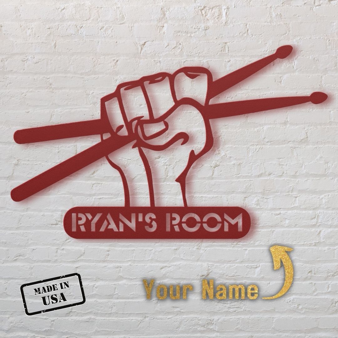 custom metal wall sign drumsticks with name for drummer - personalized drummer sign