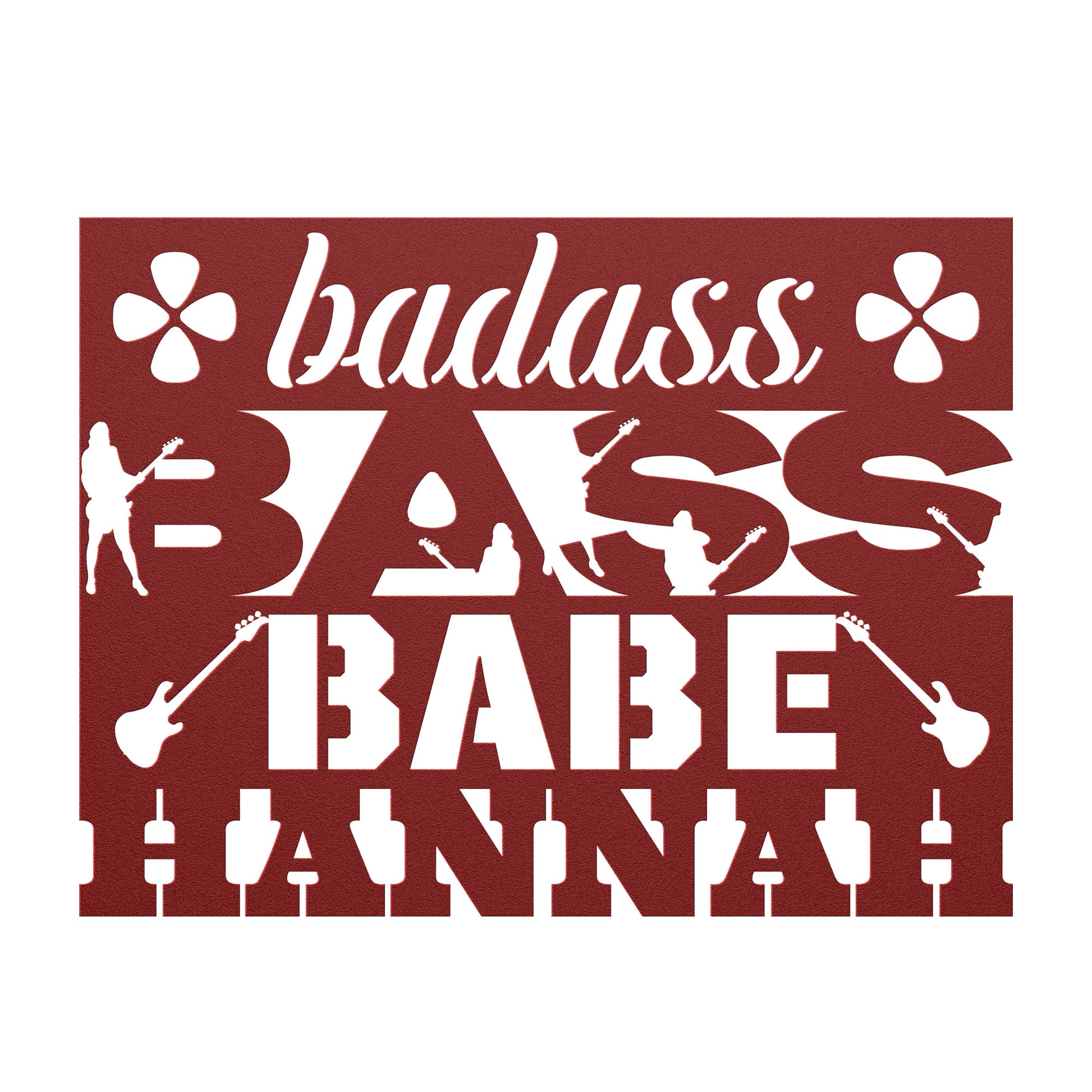 Badass Bass Babe | CUSTOM Metal Wall Art for Female Bass Guitarist—red design with “badass bass babe” and “Hanna,” plus women playing guitars, guitar shapes, audio sliders, and flower icons; a perfect bold gift for female bassists.