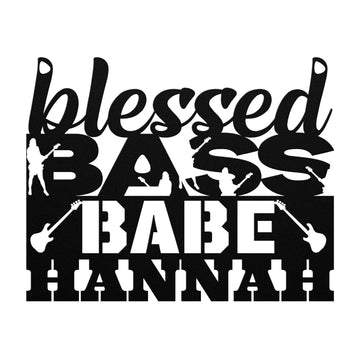 Blessed Bass Babe | CUSTOM Metal Wall Art for Female Bass Guitarist features bold stylized text, women playing bass guitars, metal bass guitar signs, and electric bass silhouettes—an ideal gift or inspiring wall art for any female bassist.