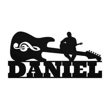 The Electric Guitar with Sitting Guitarist Wall Sign Custom Name is custom metal wall art featuring a guitarist silhouette on a guitar with your nameβperfect personalized decor for music lovers.
