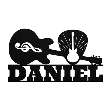 Black silhouette art of two guitars, a treble clef, radiating lines, plus a guitar pick with your custom nameβGuitar Wall Sign with Pick and Custom Name, unique metal decor for any music loverβs space.