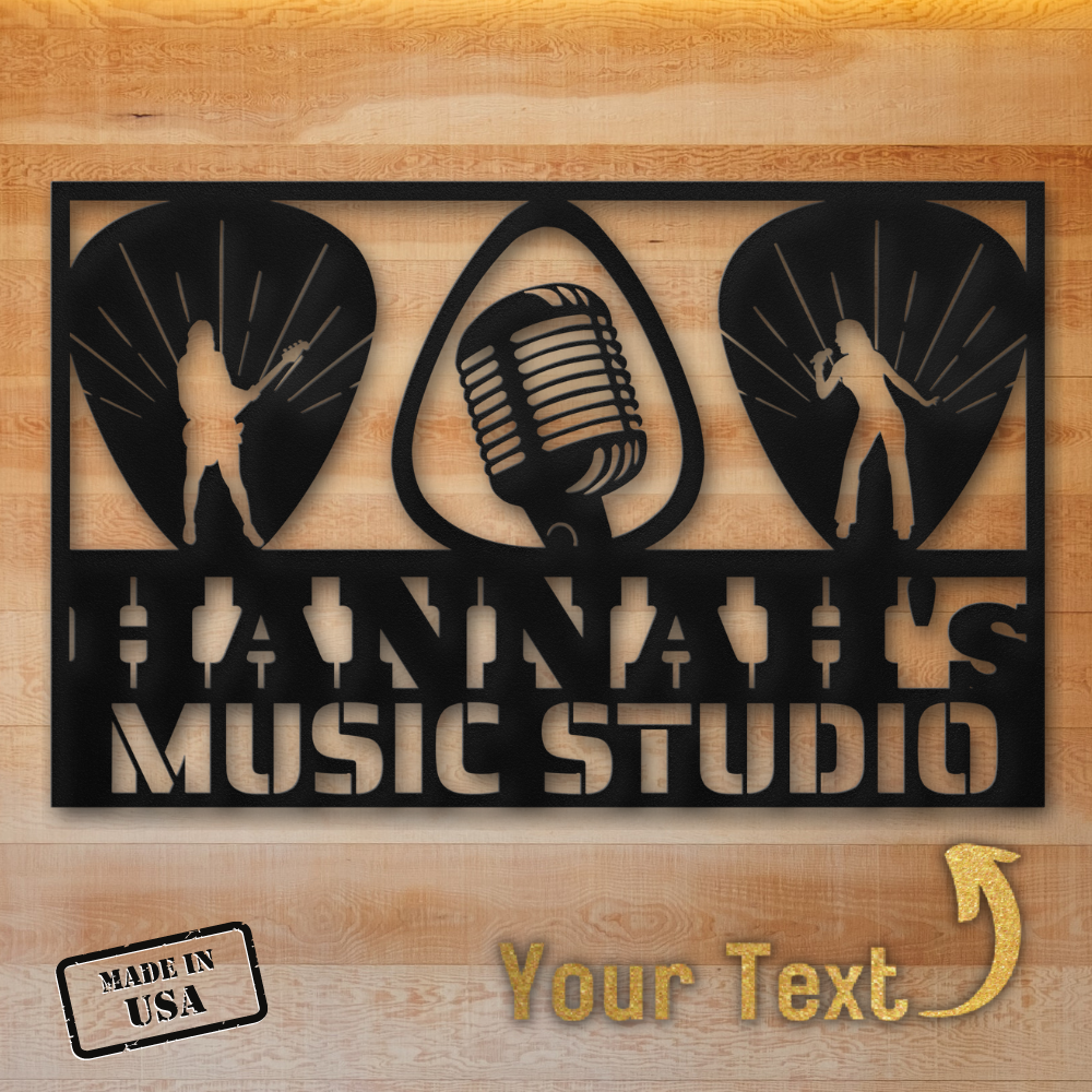 The Guitarist Singer Wall Sign Custom Name | Custom Metal Wall Art is made from powder-coated steel, with musician silhouettes, guitar picks, microphone, "HANNAH'S MUSIC STUDIO," a "MADE IN USA" stamp, and custom text on a wooden background.