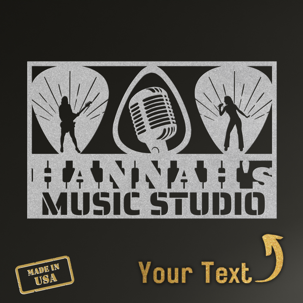 The Guitarist Singer Wall Sign Custom Name is a silver powder-coated metal wall art featuring silhouettes of a guitarist, singer with vintage mic, "MUSIC STUDIO" text, MADE IN USA label, and customizable name on a bold black background.