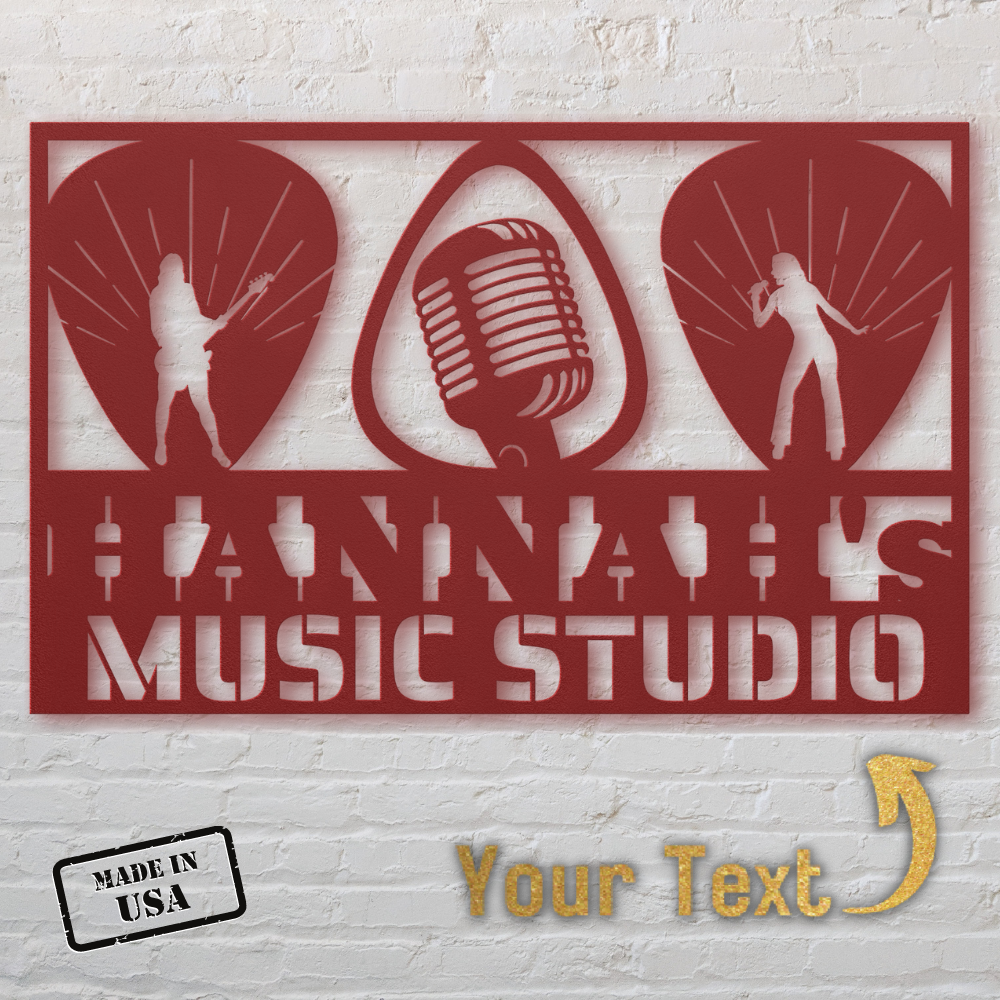 A red powder-coated steel sign, "Guitarist Singer Wall Sign Custom Name | Custom Metal Wall Art," features musician silhouettes and a large mic, is custom text-ready with a yellow arrow, made in the USA, and mounts on any white brick wall for unique home decor.