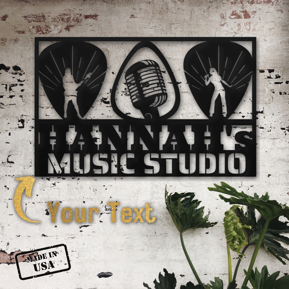Made from powder-coated steel, this Guitarist Singer Wall Sign Custom Name features singer silhouettes, a microphone, “Your Text” and “Made in USA” below, plus a yellow arrow and green leaves for a vibrant decor accent.