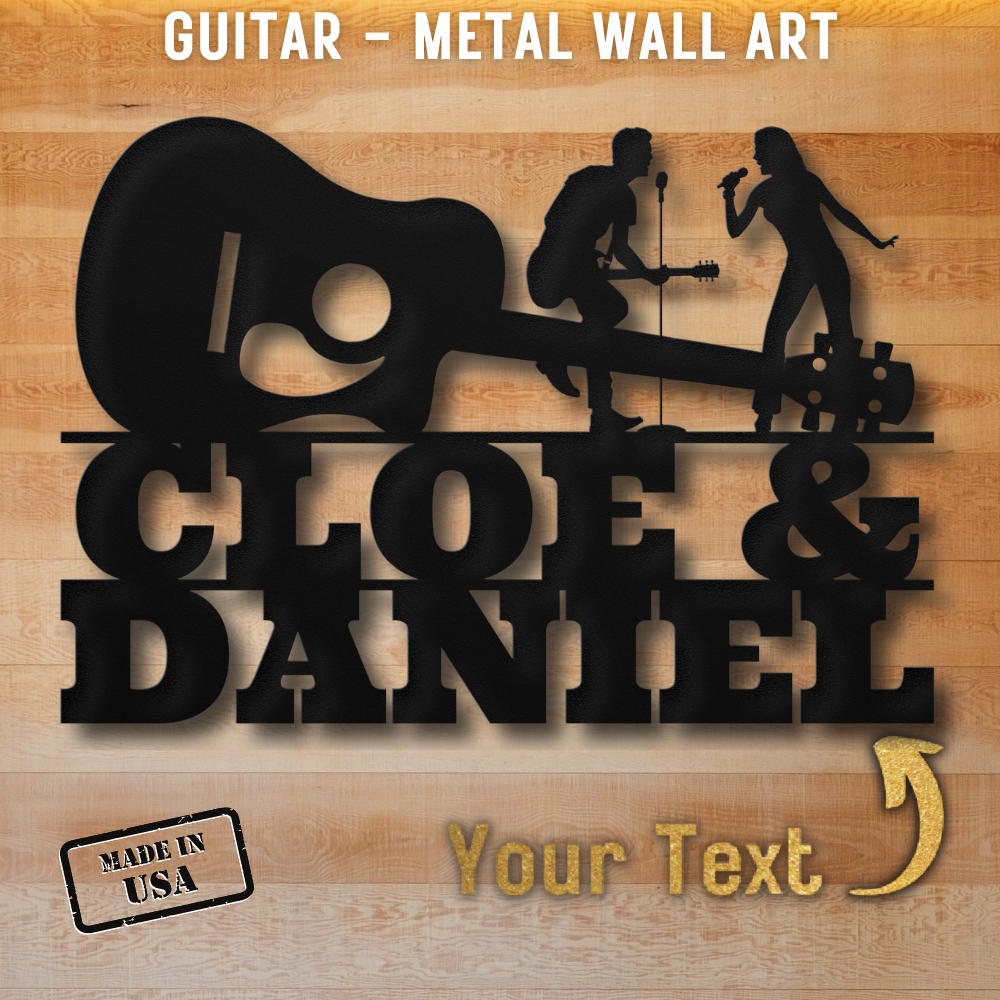 The Singer & Guitarist Wall Sign with Custom Name (MWA-MCS-0122) is customizable metal wall art featuring a guitarist and singer. Powder-coated steel, wood background, "Made in USA," and "Guitar - Metal Wall Art" text included.
