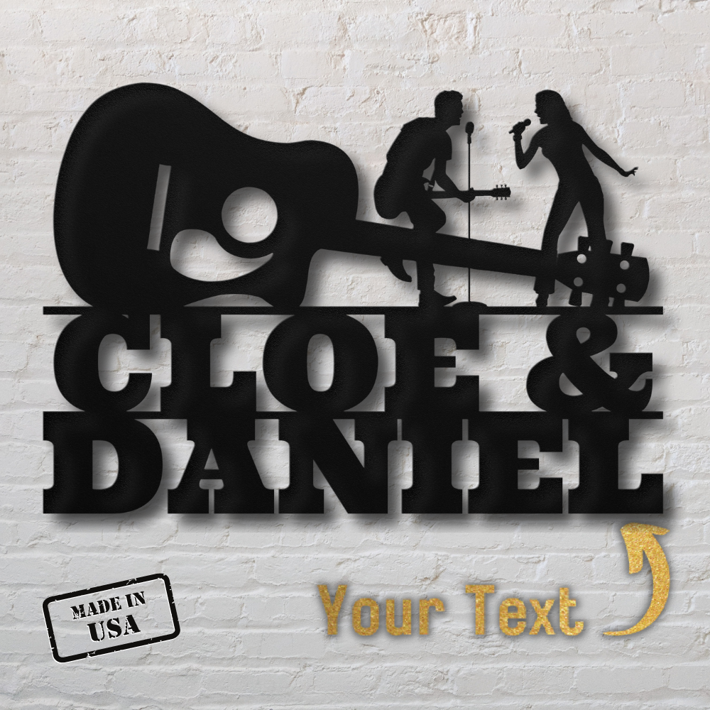 Singer & Guitarist Wall Sign with Custom Name (MWA-MCS-0122): Black metal art of a guitarist and singer above "CLOE & DANIEL", gold arrow, “Your Text” option, and “MADE IN USA.” Perfect personalized decor for music lovers.