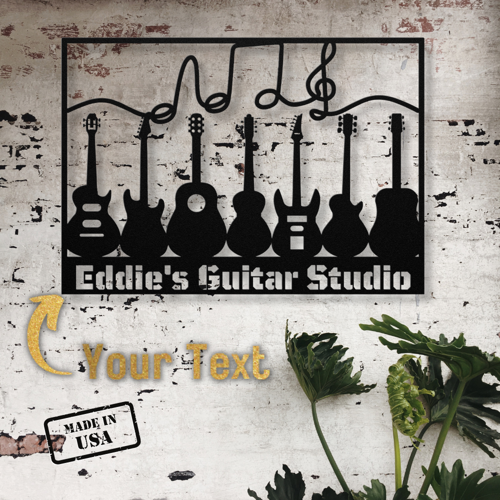 The Multiple Guitars Wall Sign with Music Notes and Custom Text features silhouettes of seven guitars, musical notes, "Eddie's Guitar Studio," a custom text area, "Made in USA" stamp, green plants, and is crafted from durable 18 gauge steel.