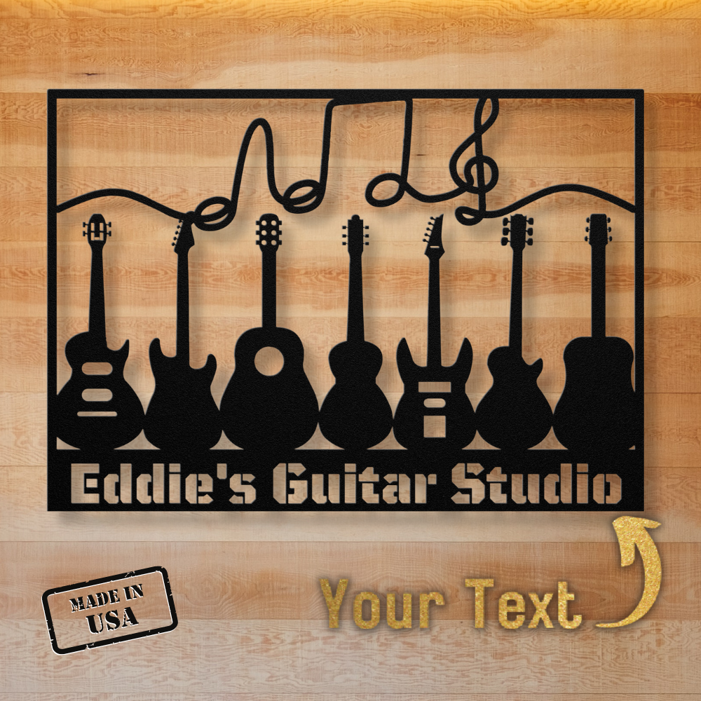 The Multiple Guitars Wall Sign with Music Notes and Custom Text is a powder-coated 18 gauge steel sign showing six guitar silhouettes, musical notes, "Eddie's Guitar Studio," a Made in USA label, and space for your custom text.