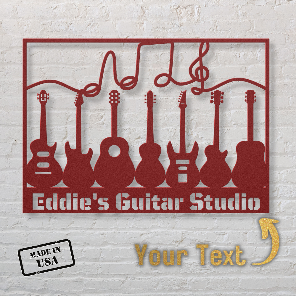 The Multiple Guitars Wall Sign with Music Notes and Custom Text showcases seven guitar silhouettes, a treble clef, "Eddie’s Guitar Studio," a Made in USA stamp, and a customizable text area highlighted by a yellow arrow at the bottom.