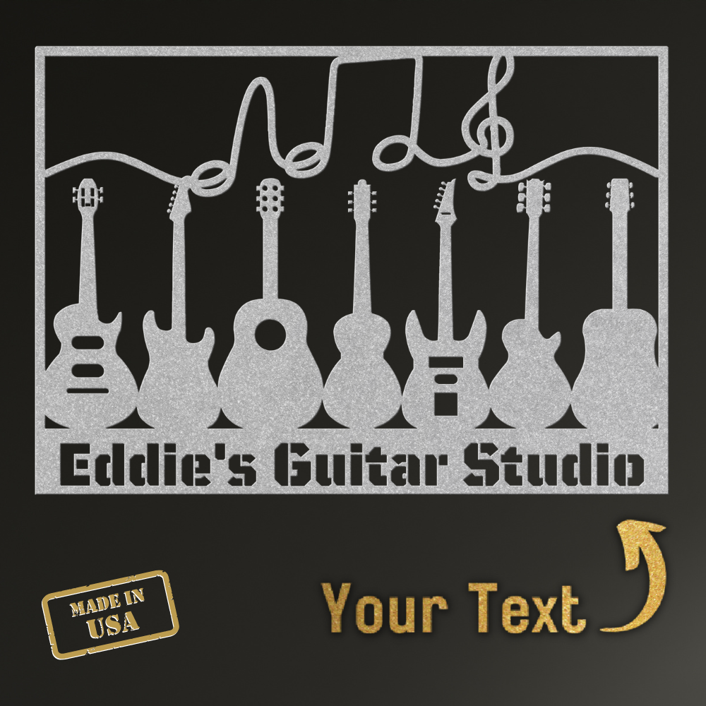 The Multiple Guitars Wall Sign with Music Notes and Custom Text features seven guitars in a row, musical notes above, "Eddie's Guitar Studio" below, a gold arrow to your custom text, and a "Made in USA" label in the corner.