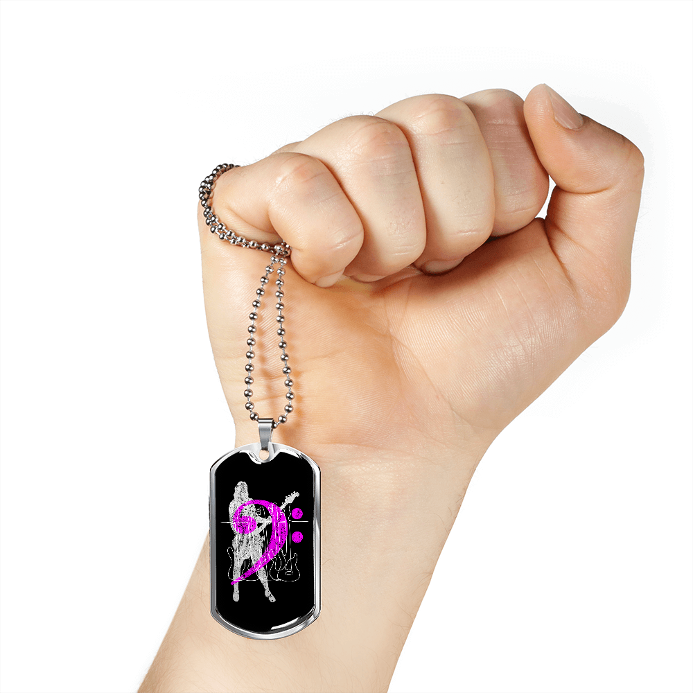 Dog Tag Necklace Black | Female Bassist Cutout | Bass Guitars | Pink Bass Clef | Distressed