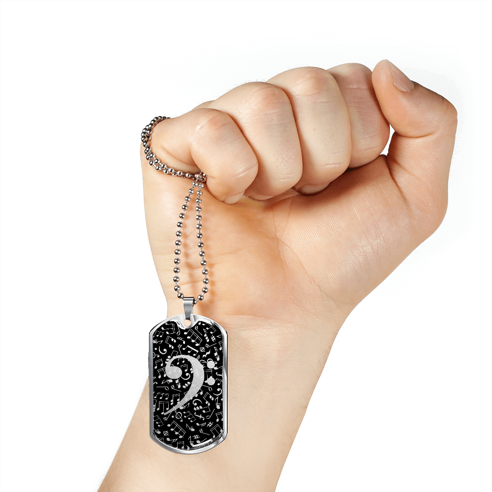 Dog Tag Necklace Black | Bass Clef Cutout | Music Notes