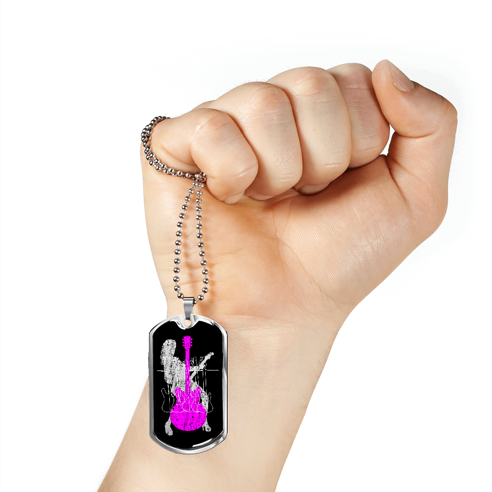 Dog Tag Necklace Black | Female Guitarist Cutout | Bass Guitars | Pink Guitar
