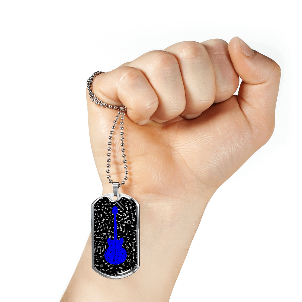 Dog Tag Necklace Black | Music Pattern Cutout | Blue Guitar