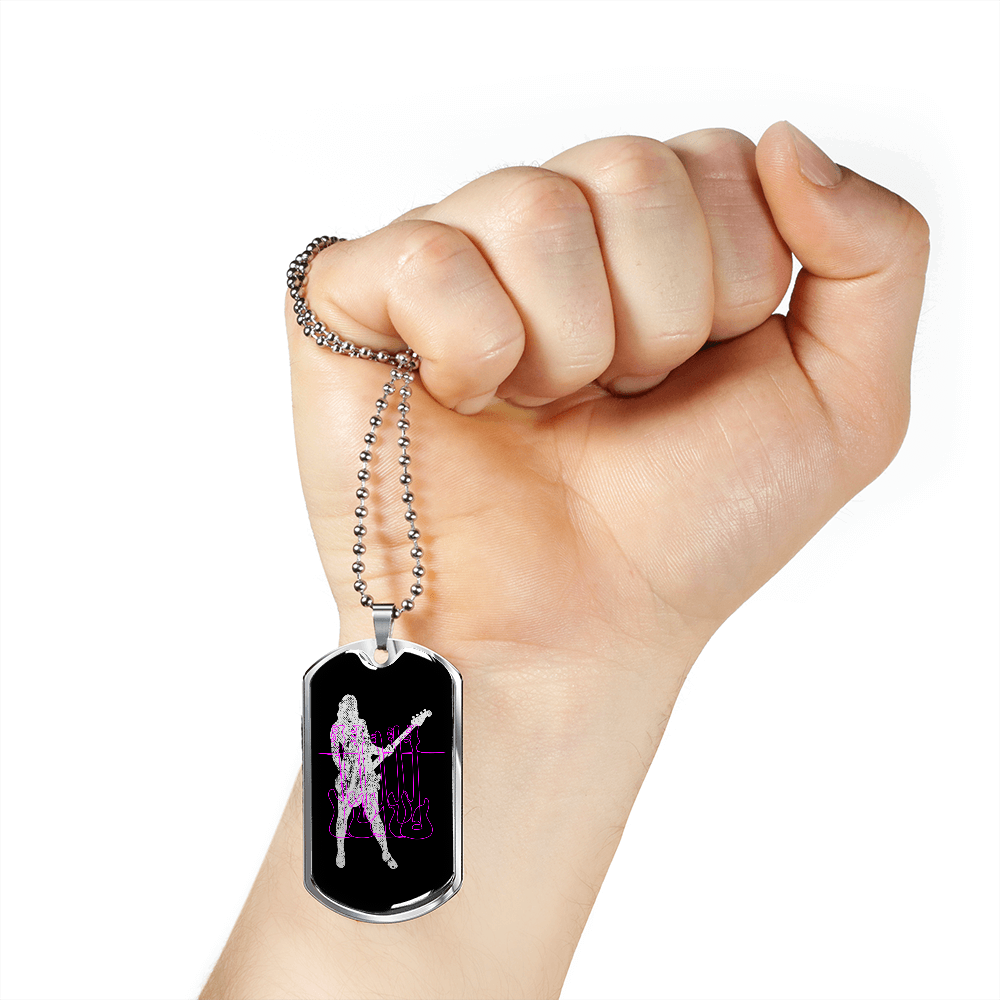Dog Tag Black Necklace | Female Bassist Cutout | Pink Bass Guitars | Pink Bass Clef | Distressed