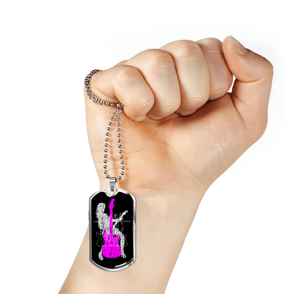 Dog Tag Necklace Black | Female Guitarist Cutout | Bass Guitars | Pink Electric Guitar
