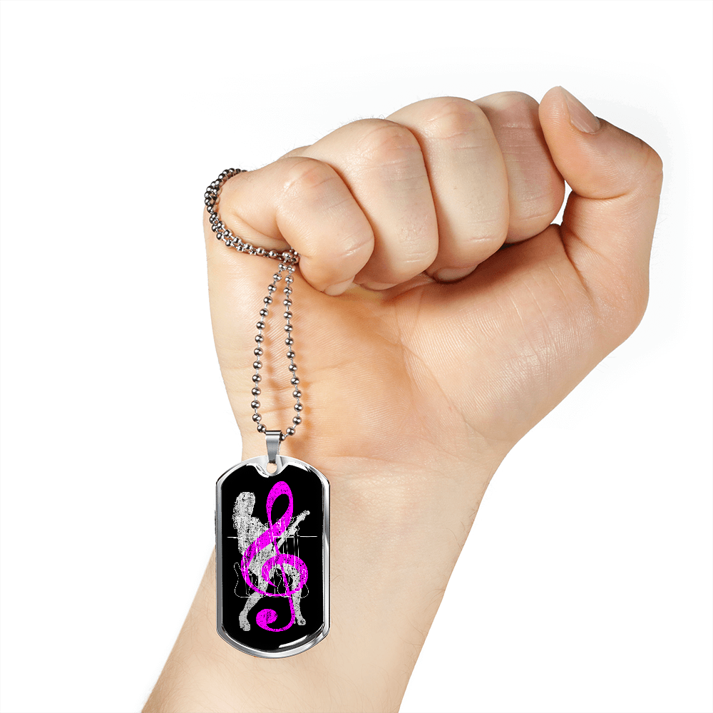 Dog Tag Necklace Black | Female Guitarist Cutout | Bass Guitars | Pink Clef