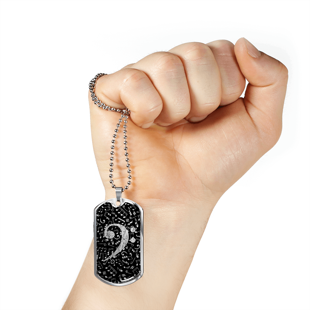 Dog Tag Necklace Black | Bass Clef Cutout | Music Notes | Distressed
