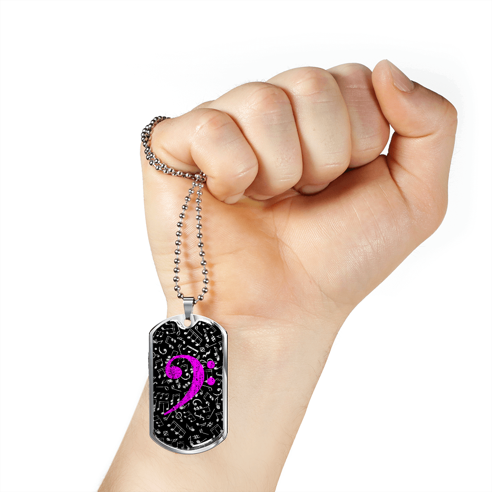 Dog Tag Necklace Black | Music Pattern Cutout | Pink Bass Clef