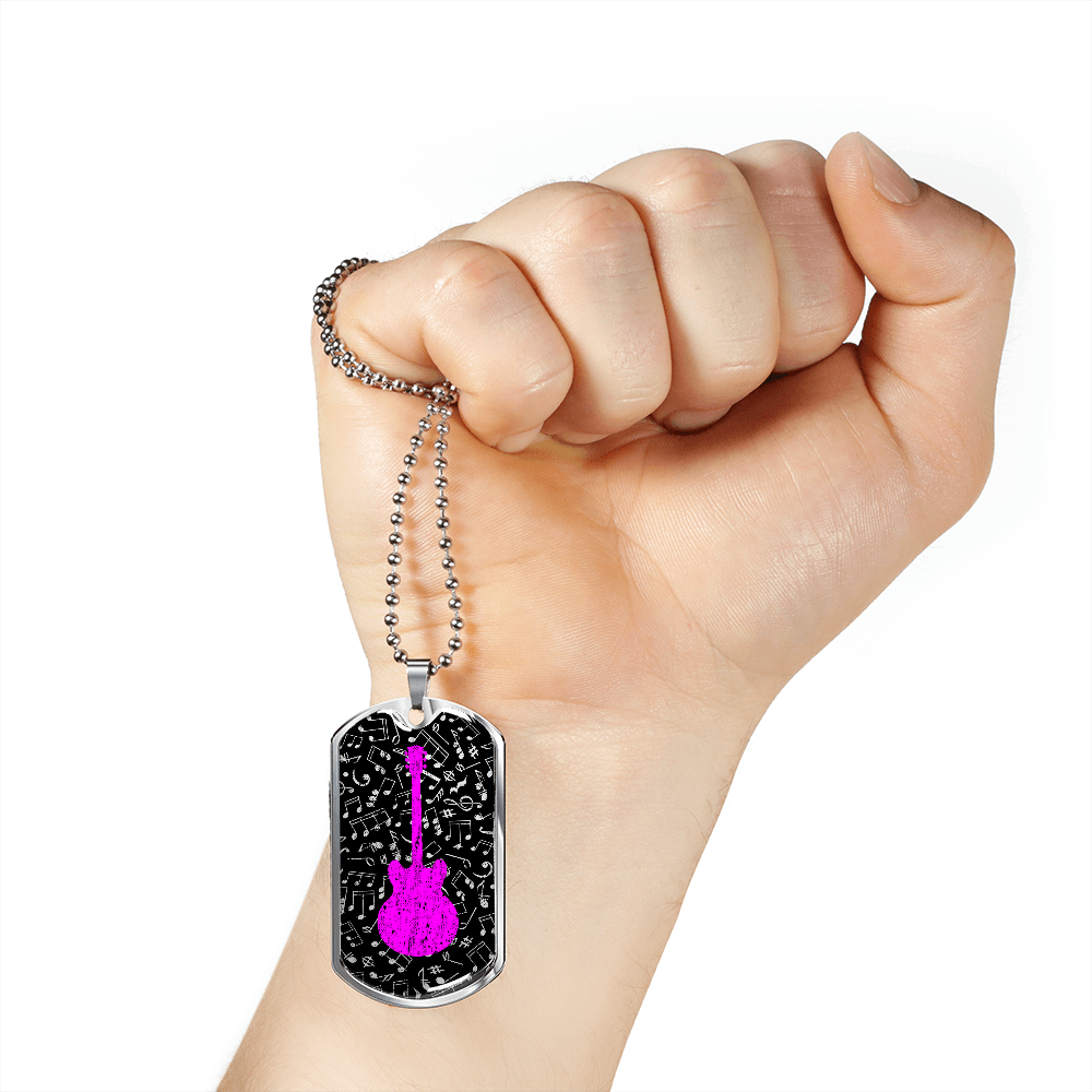 Dog Tag Necklace Black | Music Pattern Cutout | Pink Guitar