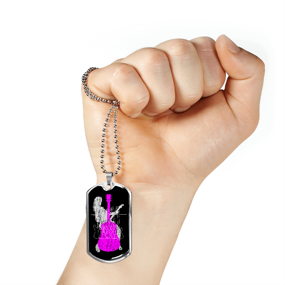Dog Tag Necklace Black | Female Guitarist Cutout | Bass Guitars | Pink Acoustic Guitar