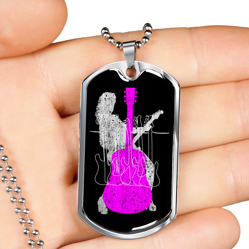 Dog Tag Necklace Black | Female Guitarist Cutout | Bass Guitars | Pink Acoustic Guitar