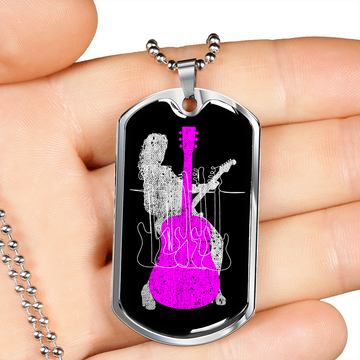 Dog Tag Necklace Black | Female Guitarist Cutout | Bass Guitars | Pink Acoustic Guitar