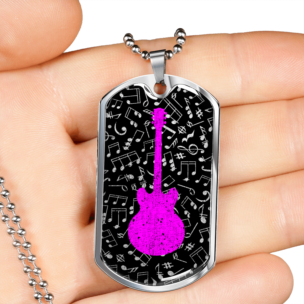 Dog Tag Necklace Black | Music Pattern Cutout | Pink Guitar