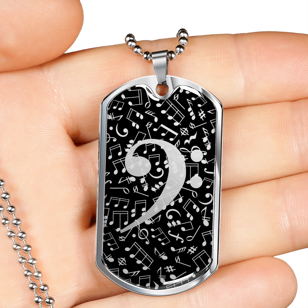 Dog Tag Necklace Black | Bass Clef Cutout | Music Notes