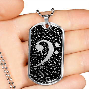 Dog Tag Necklace Black | Bass Clef Cutout | Music Notes