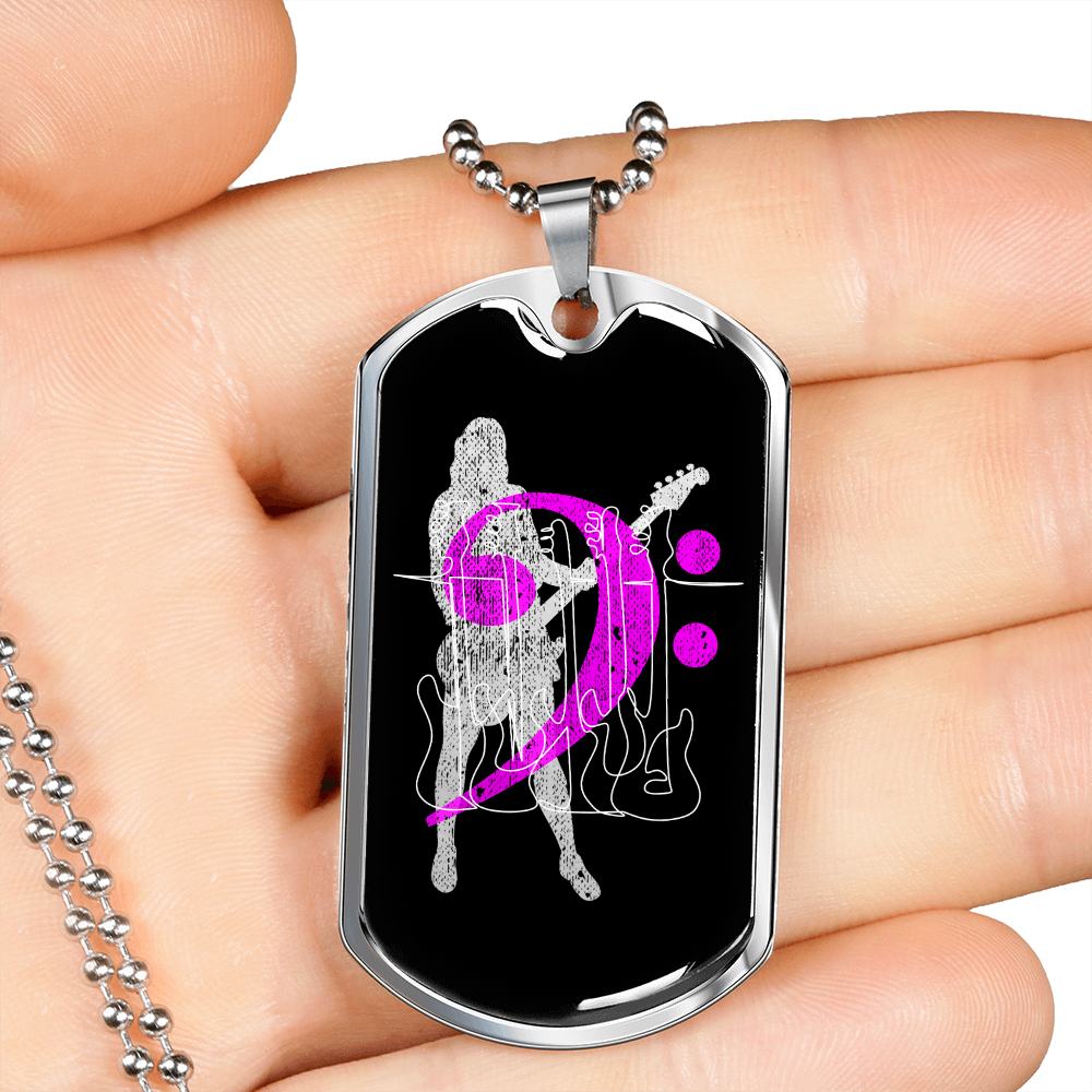 Dog Tag Necklace Black | Female Bassist Cutout | Bass Guitars | Pink Bass Clef | Distressed