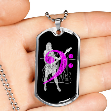 Dog Tag Necklace Black | Female Bassist Cutout | Bass Guitars | Pink Bass Clef | Distressed