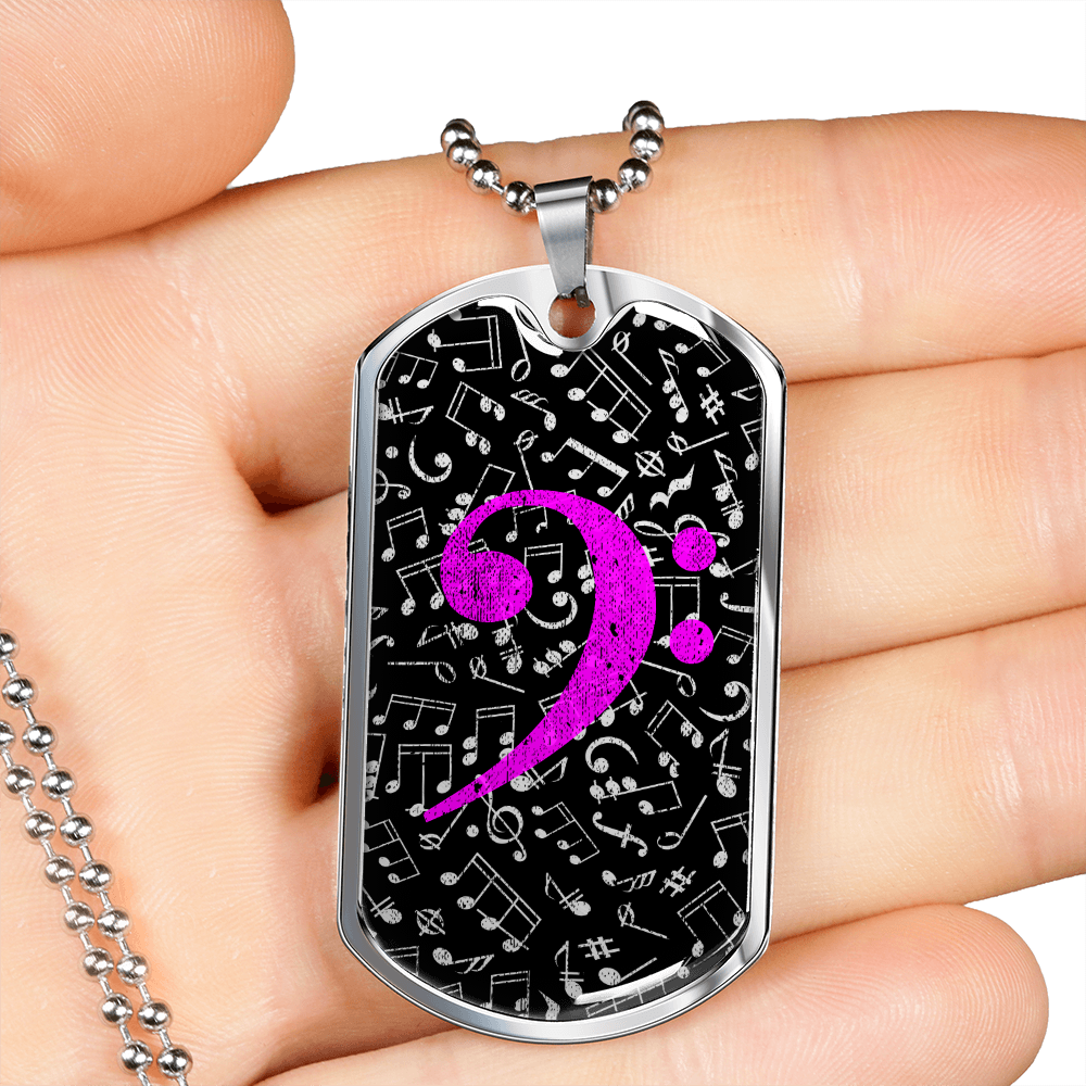 Dog Tag Necklace Black | Music Pattern Cutout | Pink Bass Clef