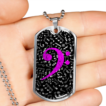 Dog Tag Necklace Black | Music Pattern Cutout  | Pink Bass Clef