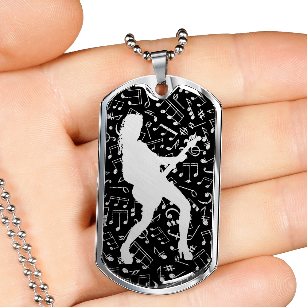 Dog Tag Necklace Black | Female Guitarist Cutout | Music Notes Cutout