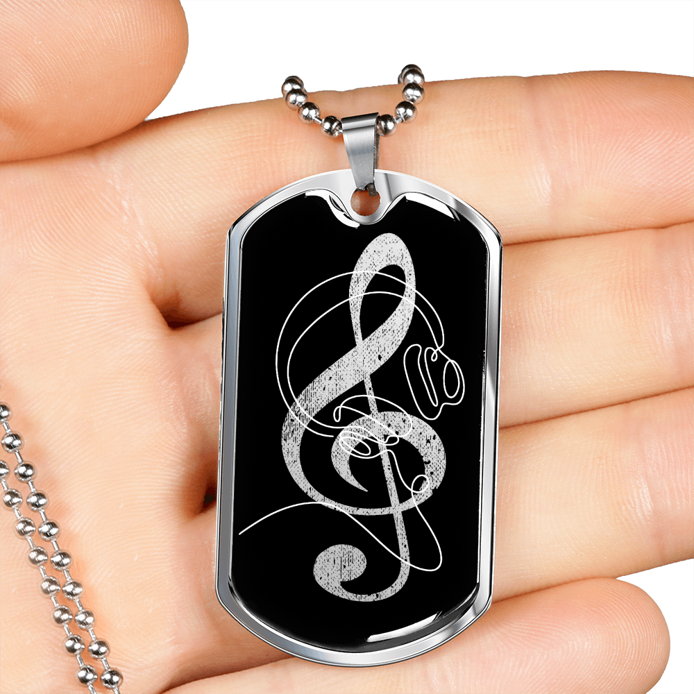 Dog Tag Necklace Black | G-clef Cutout | Headphones | Distressed