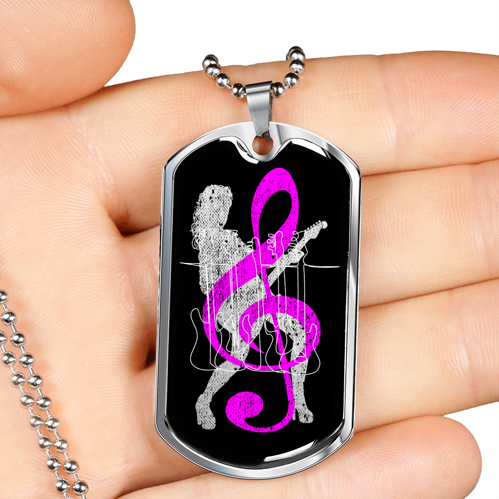 Dog Tag Necklace Black | Female Guitarist Cutout | Bass Guitars | Pink Clef