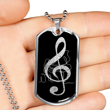 Dog Tag Necklace Black | G-clef Cutout | Grand Piano | Distressed
